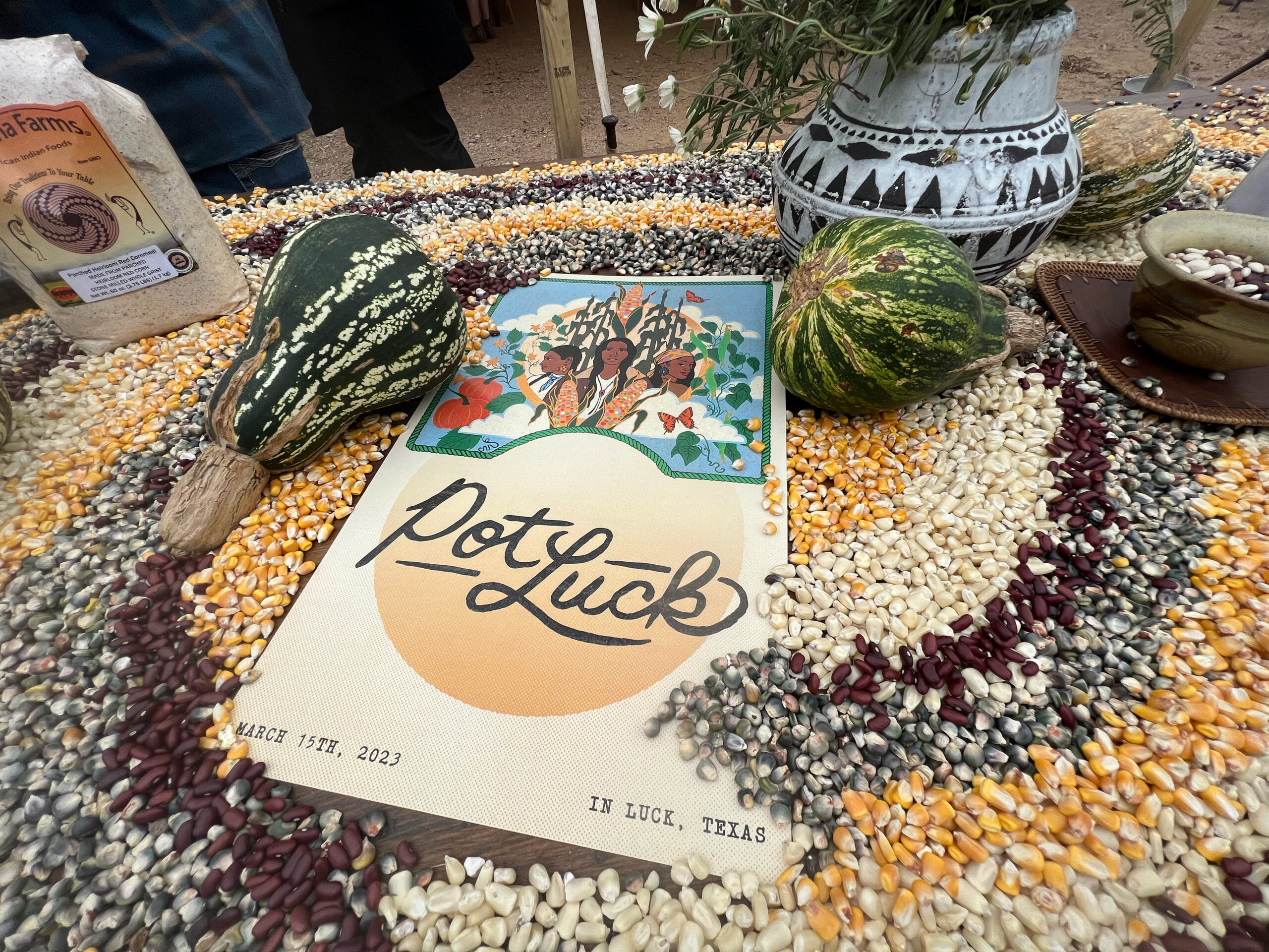The Potluck 2023 poster sits on a table in pamphlet form, surrounded by beans and corn of a variety of colors as well as a couple of gourds. The poster shows an artists depiction of the Three Sisters food staples in crop form: corn, crawling beans and squash.