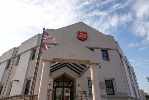 An exterior shot of the Salvation Army shelter building in downtown Austin