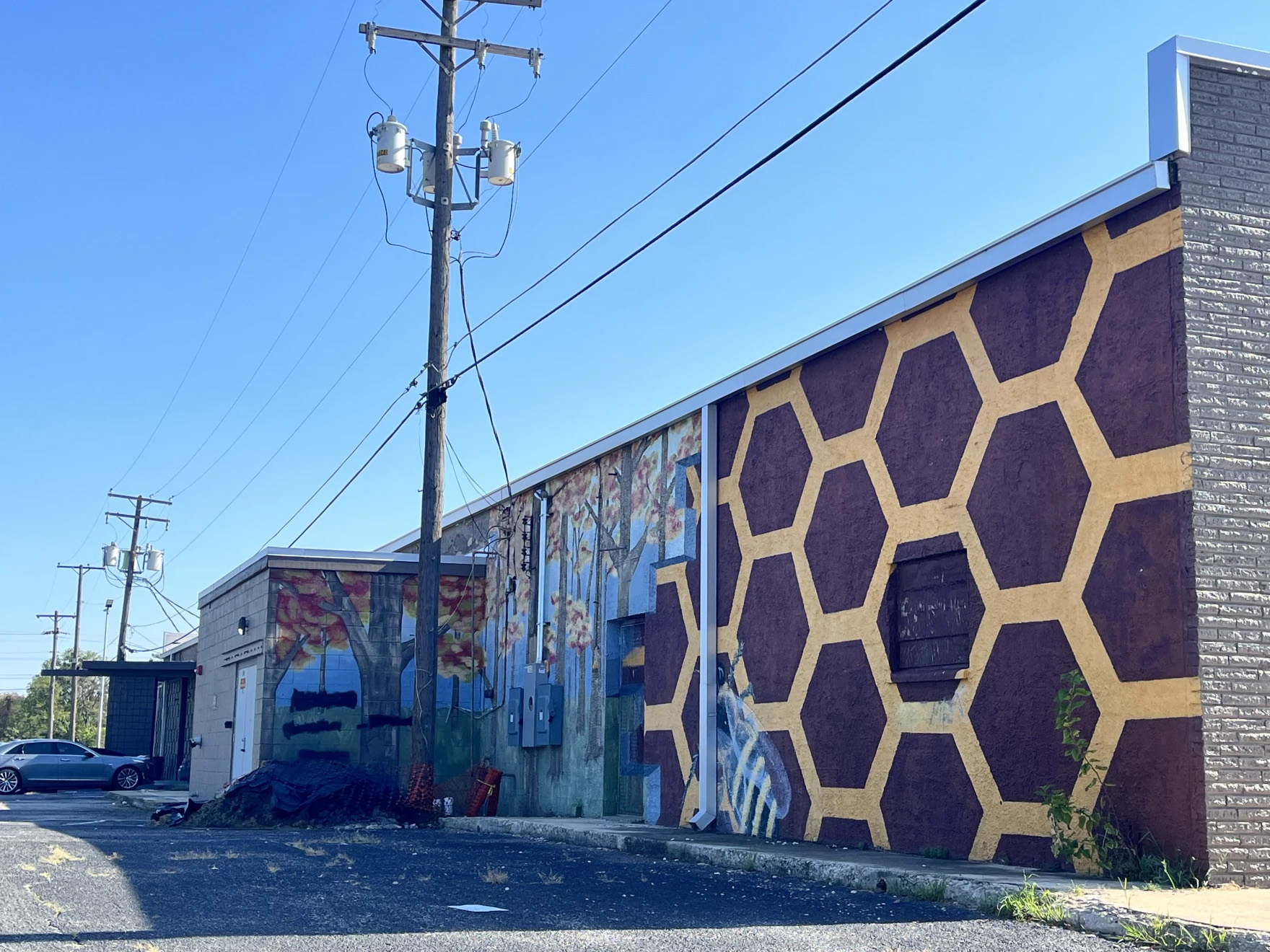 A mural is seen on the side of a building depicting a honeycomb pattern.
