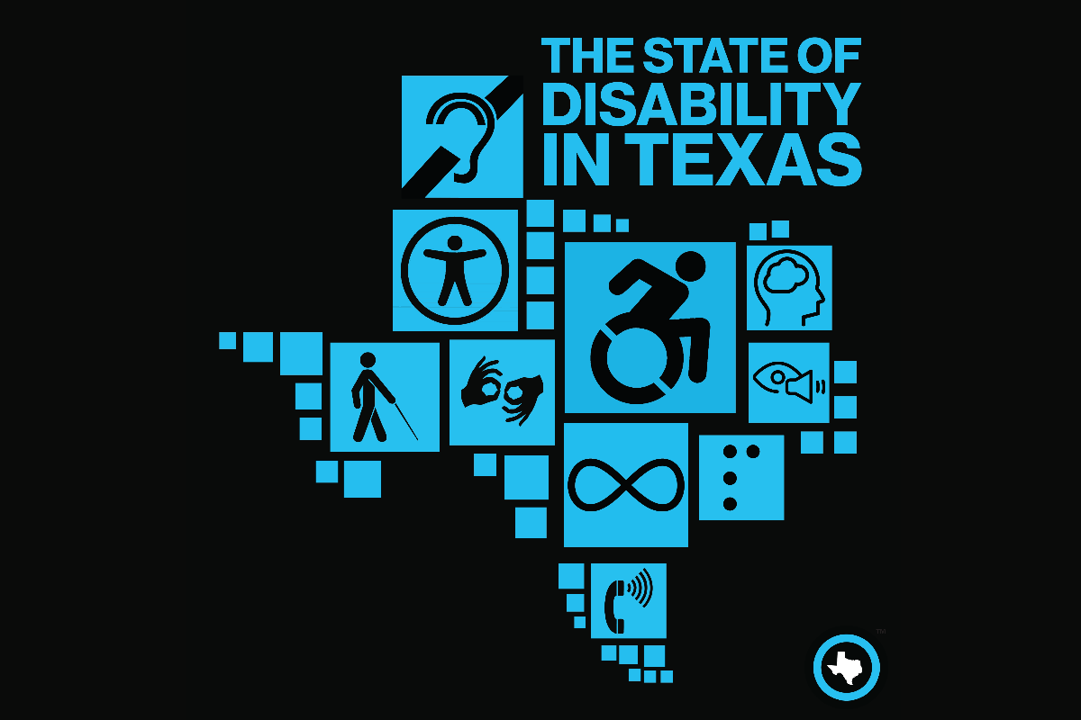 Dozens of squares of various sizes come together to make the shape of the state of Texas. In several of the boxes are disability access symbols, including symbols for low vision access, sign language interpretation, hearing loss access, braille, wheelchair accessibility, volume control telephone, intellectual disability, autism, and universal access. Text in the top right corner of the image reads "The State of Disability in Texas," and the Texas Standard logo sits in the bottom right corner.