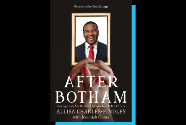 The cover for the book "After Botham" is seen, which shows a framed portrait of Botham Jean, a young Black man smiling in a suit and a pair of praying hands in the foreground. The nails of the hand are painted red, which suggests they may be those of Jean's sister, Allisa, who co-authored the book.