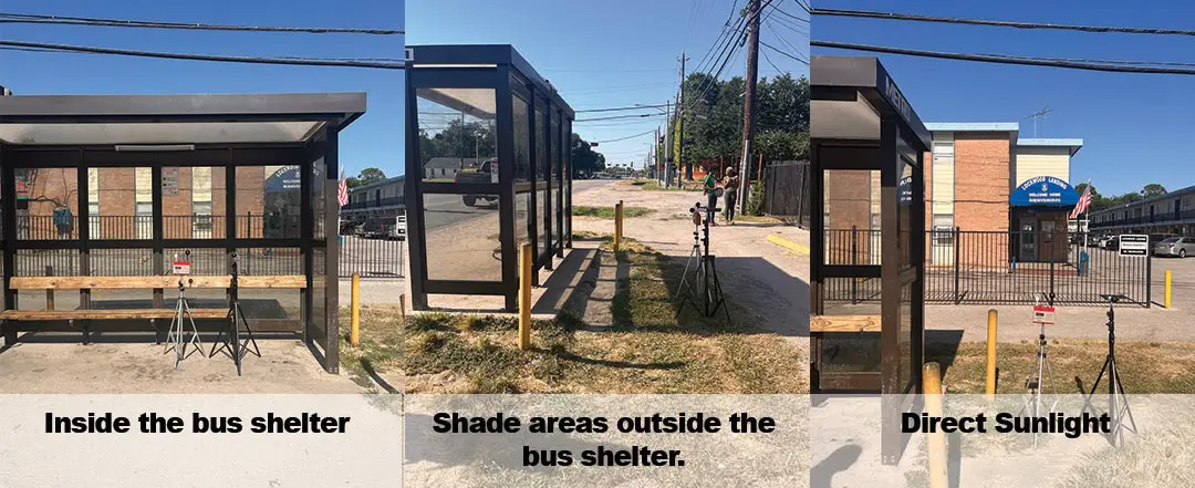 Three side-by-side images show heat-measuring devices on tripods in different positions around a bus stop – inside the bus shelter, the shaded areas around it, and in direct sunlight.