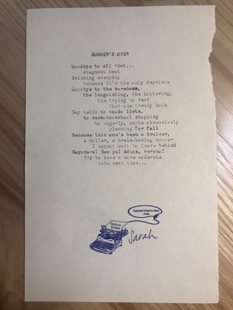 a photo of the typewritten poem on a torn half sheet of yellow paper