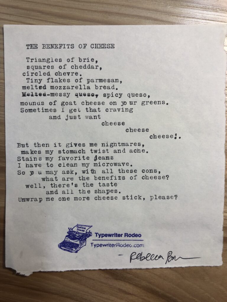 a photo of the typewritten poem on a torn piece of yellowish paper.
