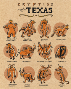 A poster image of Gallagher's "Cryptids of Texas" features 12 hand-drawn images.