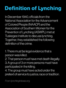 An inset graphic reads "In December 1940, officials from the National Association for the Advancement of Colored People (NAACP) and the Association of Southern Women for the Prevention of Lynching (ASWPL) met at Tuskegee Institute to discuss lynching. Together, they established the following definition of the crime. 1. There must be legal evidence that a person was killed. 2. That person must have met death illegally. 3. A group of 3 or more persons must have participated in the killing. 4. The group must have acted under the pretext of service to justice, race or tradition."