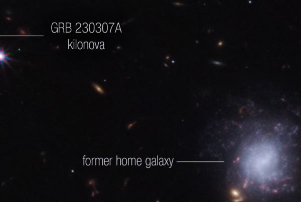 An image from the James Webb Space Telescope's Near-Infrared Camera instrument highlights gamma-ray burst 230307A's kilonova and its former home galaxy among their local environment of other galaxies and foreground stars
