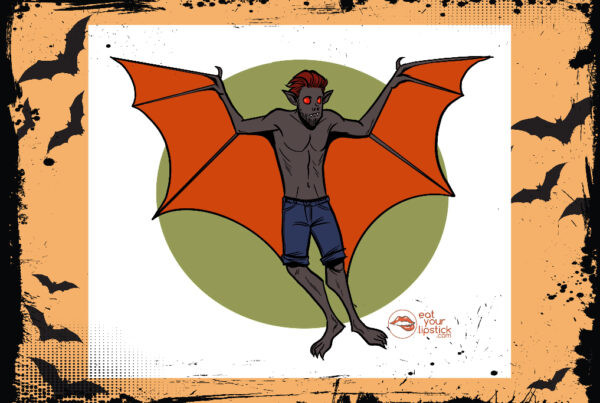 An illustration of a human batman. The cryptid has big, orange wings and is wearing jean shorts.