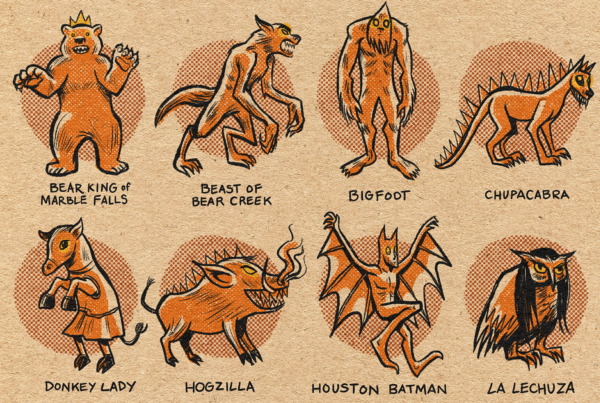 A cropped version of Monica Gallagher's poster of the Cryptids of Texas. It features 12 hand-drawn images in oranges and browns.