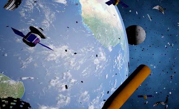 An artist's illustration of satellites and other space junk orbiting Earth.