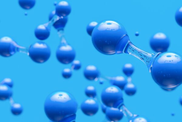 Hydrogen molecules against a blue background
