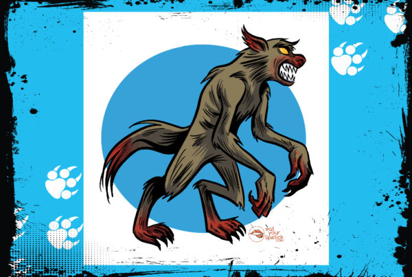 an illustration of a werewolf-like creature on a blue and white background