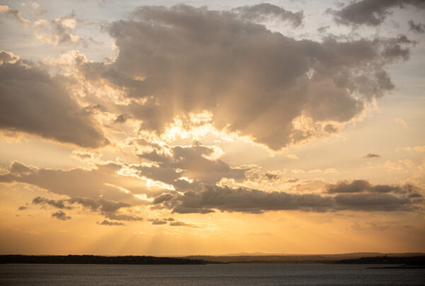 Sunset seen from Canyon Dam overlooking Canyon Lake in the Texas Hill Country.
