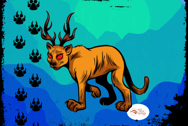 A mountain lion-like creature with deer horns and red eyes walks across a hilly background