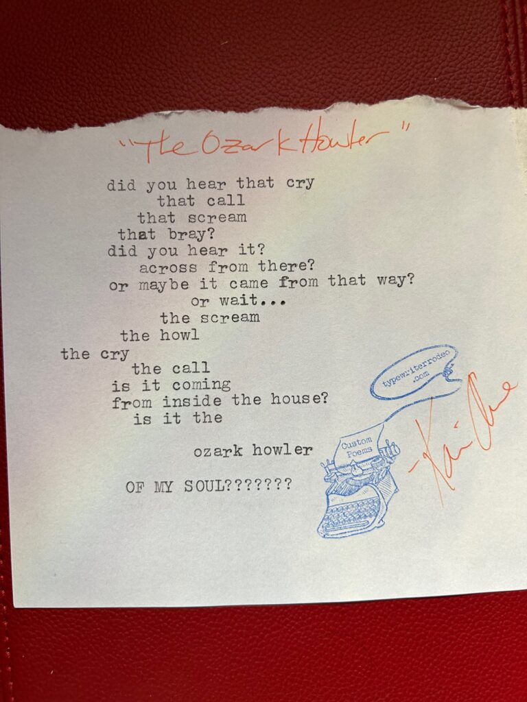 a photo of the typewritten poem on a torn piece of lavender paper