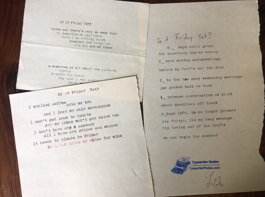 A photo of the typewritten poems on three sheets of torn light yellow paper.