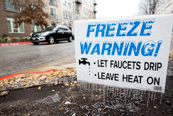 A sign stuck in the ground and covered in ice and icicles reads "Freeze warning! Let faucets drip. Leave heat on."