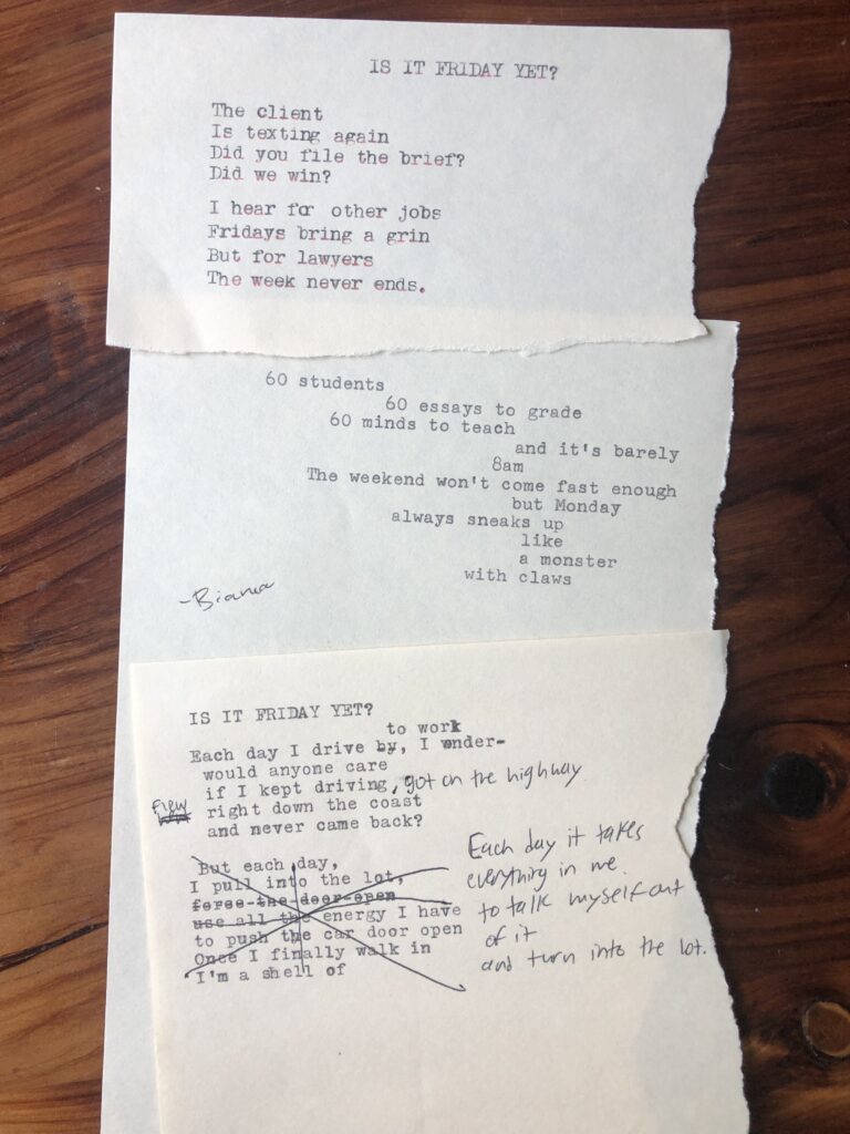 A photo of three typewritten poems stacked vertically. All are on torn pieces of light yellow paper.