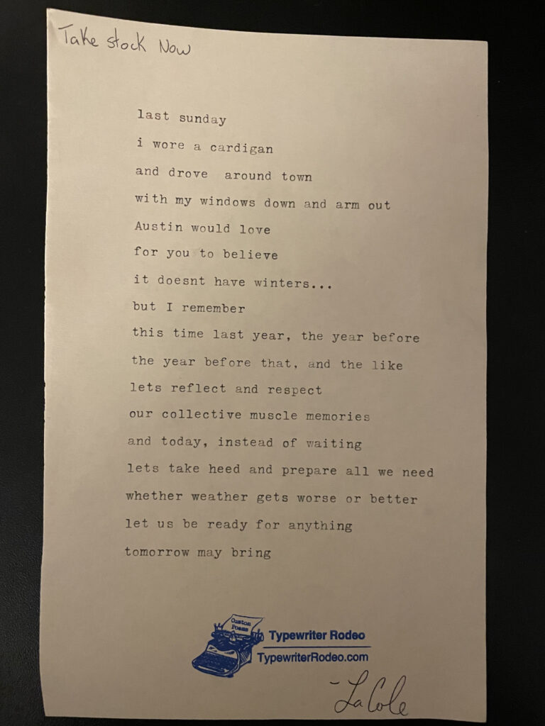 a photo of the typewritten poem on a torn half sheet of yellowish paper