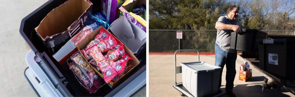 At left, snacks are organized into small cardboard boxes within a larger plastic tub. At right, a man loads plastic tubs into a truck.