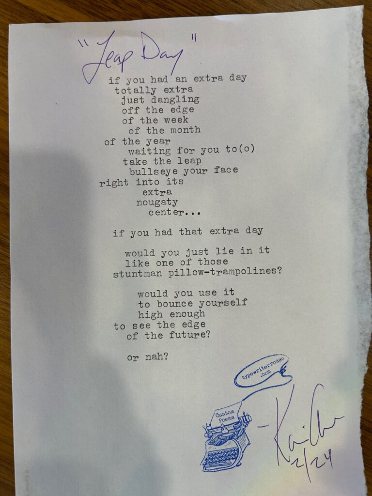 a photo of the typewritten poem on a torn half sheet of lavender paper.