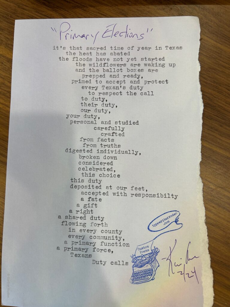 a photo of the typewritten poem on a torn half sheet of lavender paper.