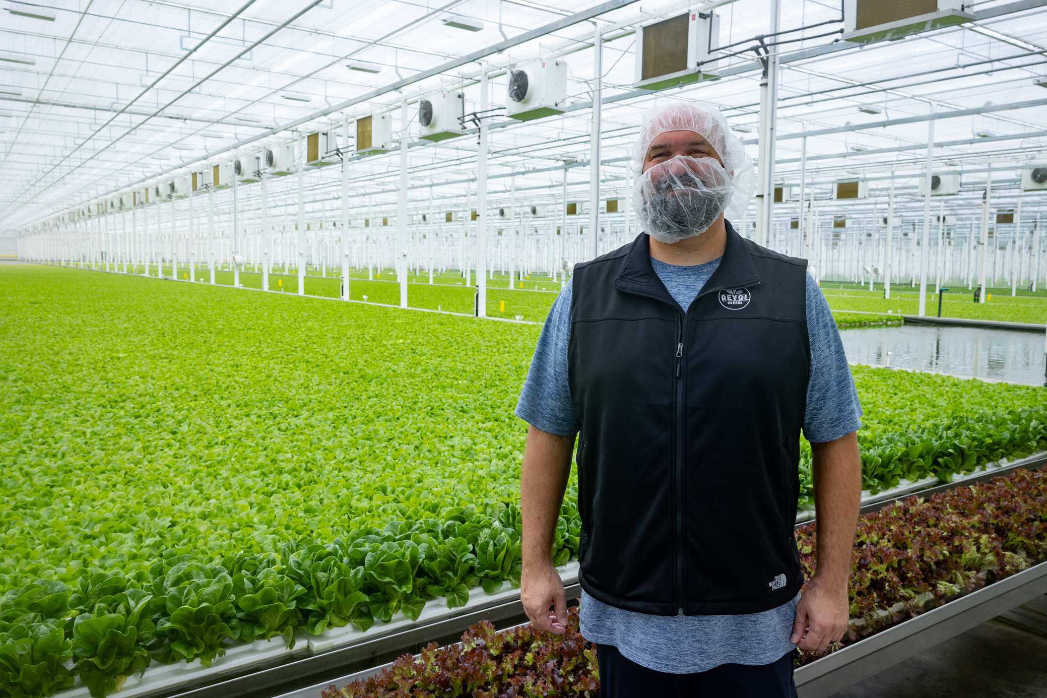 A man stands for a photo inside a warehouse-sized greenhouse with rows of green lettuce seen behind him. He's wearing a hair and beard net. This is John Carkoski.