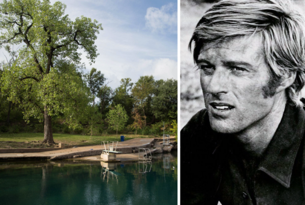 A collage of two photos shows Austin's Barton Springs pool on the left and a black and white photo of Robert Redford on the right.