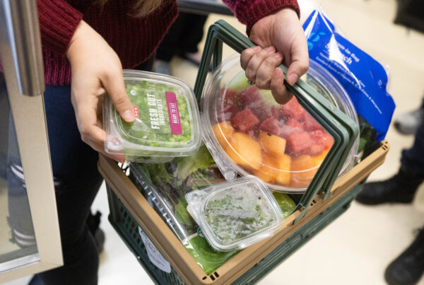 A handheld shopping basket is seen filled with various fruits and veggies.