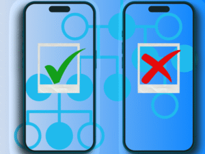 A digital illustration shows two phones on a colorful background. One has a polaroid outline with green checkmark on it and another has a polaroid outline with a red x on it.