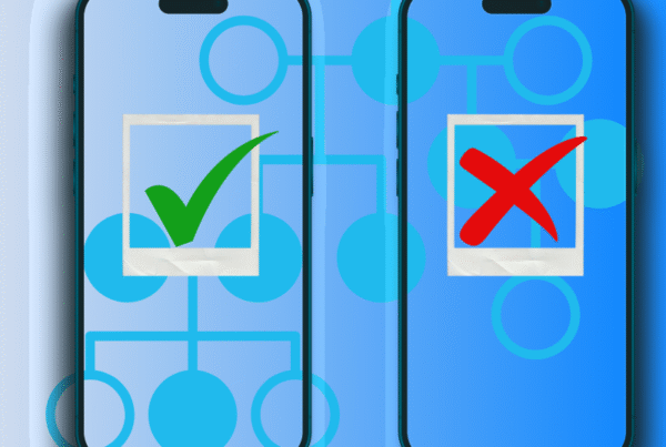 A digital illustration shows two phones on a colorful background. One has a polaroid outline with green checkmark on it and another has a polaroid outline with a red x on it.