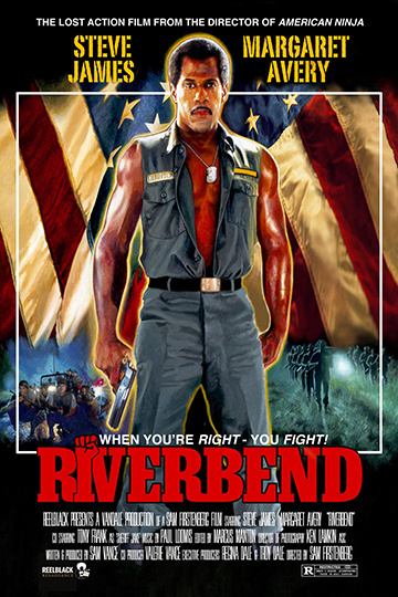 A poster for the film "Riverbend" shows Steve James in a cutoff shirt.