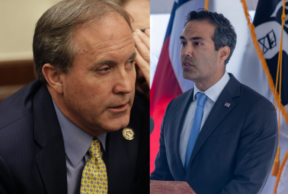 an image combining head shots of Ken Paxton and George P. Bush