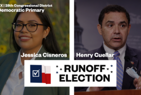 A two-panel candidate headshot image with Jessica Cisneros on the left and Henry Cuellar on the right. Text on the image says "Runoff Election -- TX 28th Congressional District - Democratic Primary'