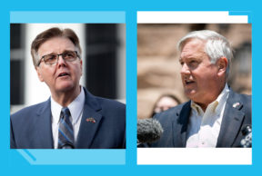 head shots of Dan Patrick and Mike Collier