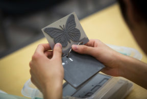A closeup view of hands holding a 3D-printed model of an electron microscope image of a butterfly. The image of the butterfly is raised and textured so the hands can feel the image.